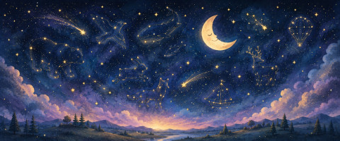 Papier peint fresque enfant - Ciel étoilé et constellations rêveuses