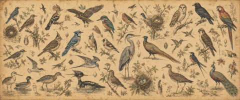 Papier peint fresque carte ancienne - Planche ornithologique