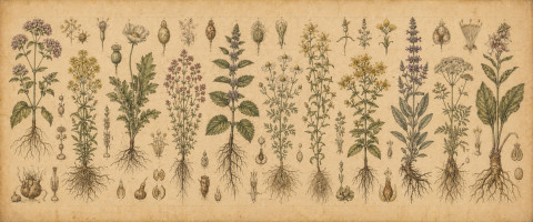 Papier peint fresque carte ancienne - Herbier de plantes médicinales
