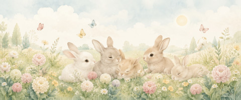 Papier peint fresque enfant - Petits lapins dans un pré fleuri