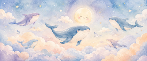 Papier peint fresque enfant - Baleines et nuages dans un ciel doux