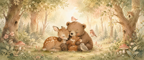 Papier peint fresque enfant - Petit ours et ses amis de la forêt