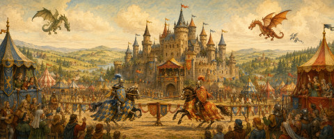 Papier peint fresque enfant - Château fort et tournoi médiéval
