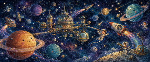 Papier peint fresque enfant - Planètes et station spatiale rêveuse
