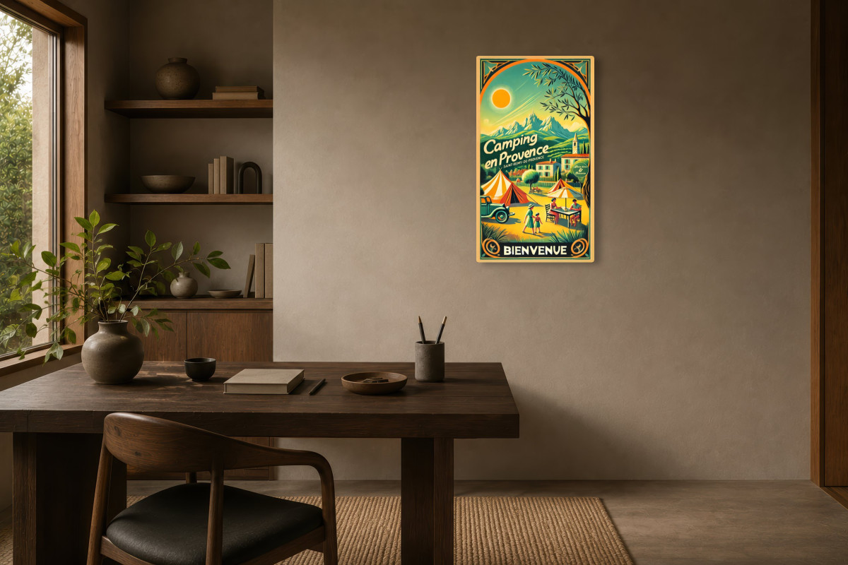 V03-12, Affiche vintage Provence - Évasion en Provence : Le Camping au Pied des Alpilles
