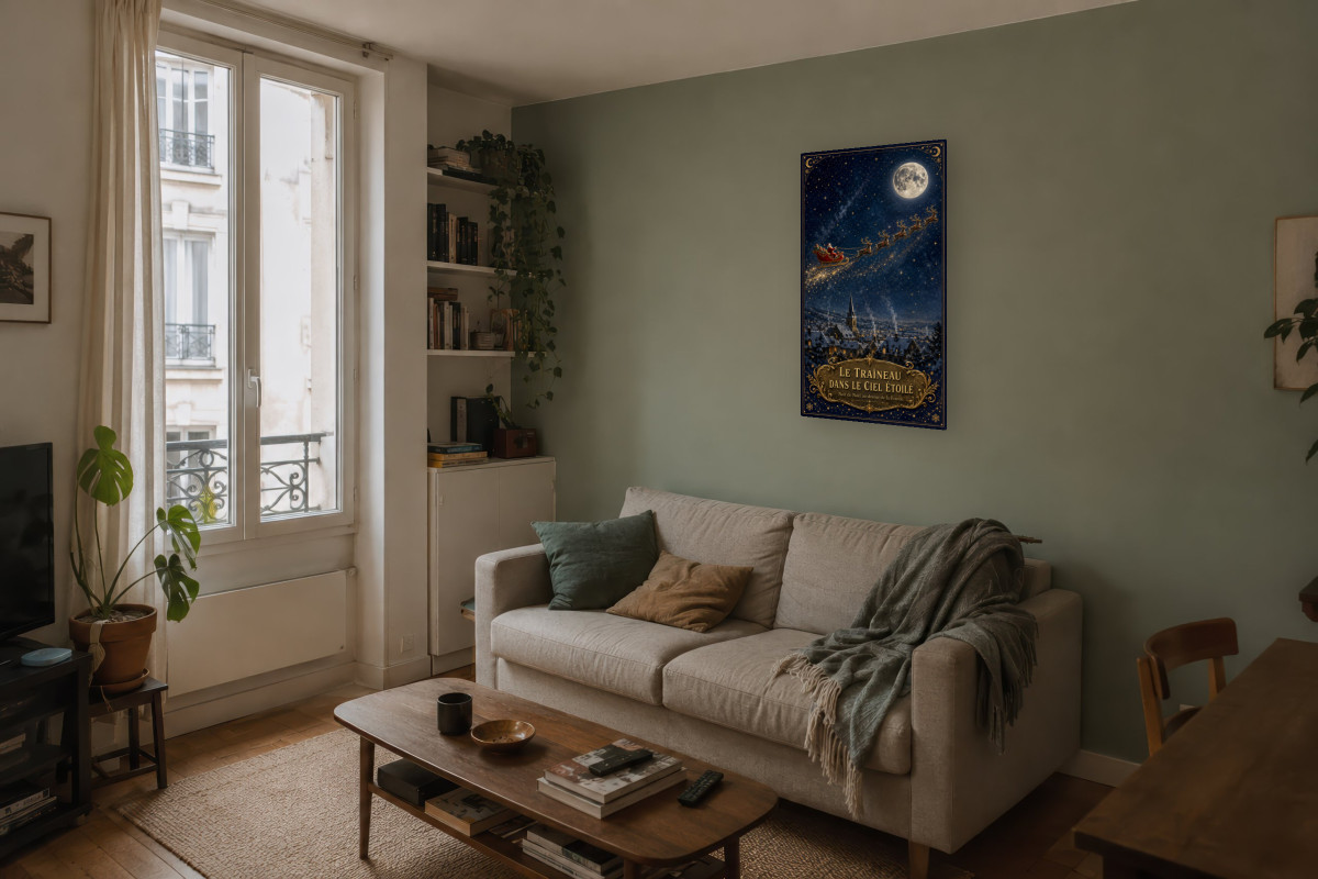 V04-02, Affiche vintage Noël - Le Traîneau dans le Ciel Étoilé