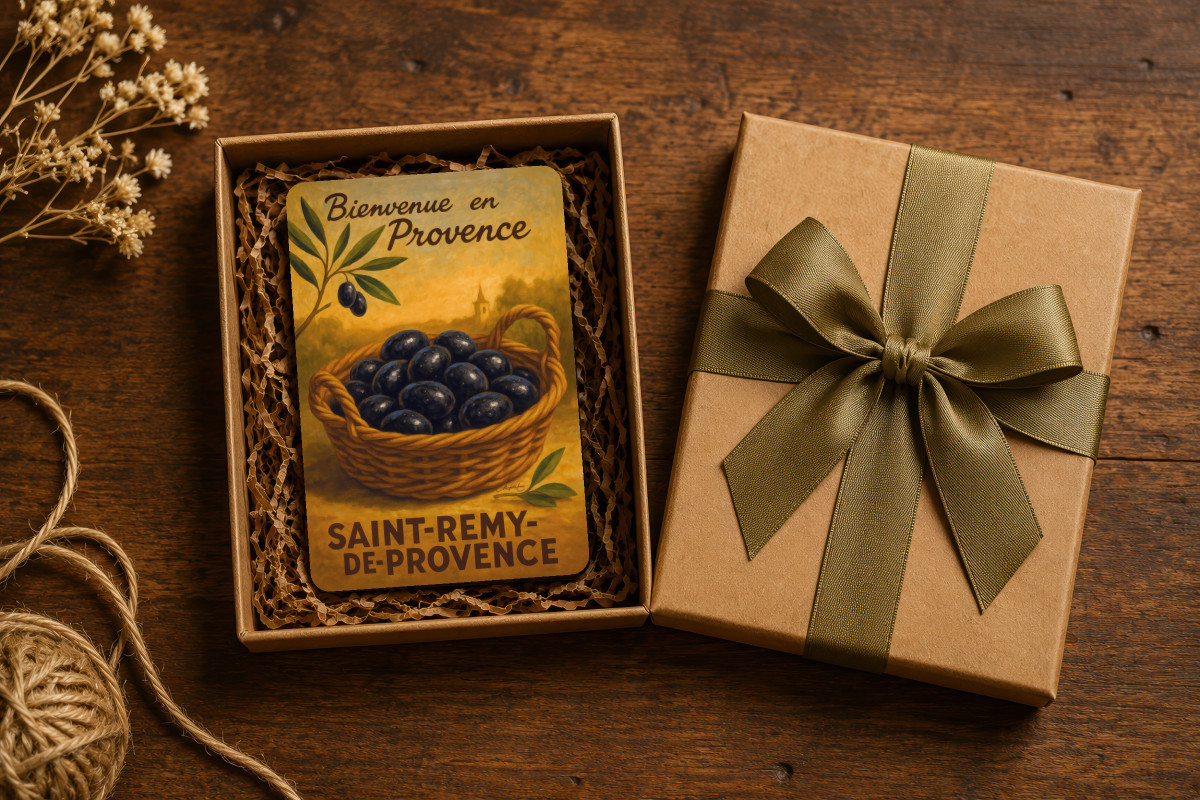 Mockup magnet 01 — Magnet L’or noir de Provence – Panier d’olives