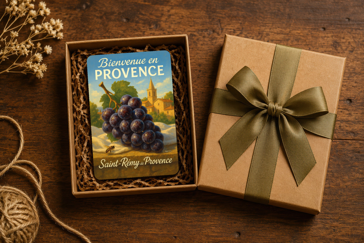Mockup magnet 01 — Magnet À l’ombre des vignes – Raisin noir de Saint-Rémy