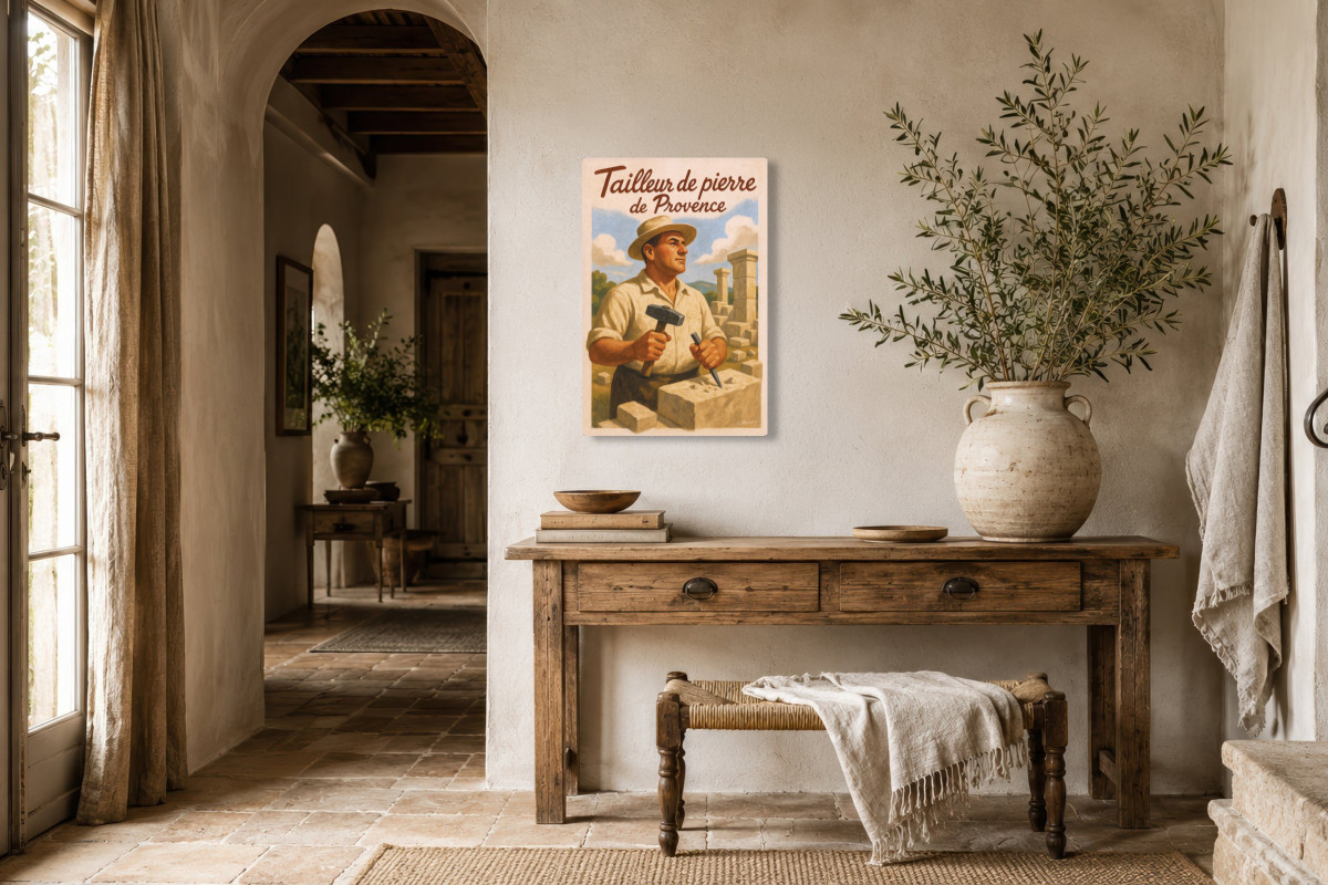 V01-12, Affiche vintage métiers anciens - Tailleur de pierre de Provence