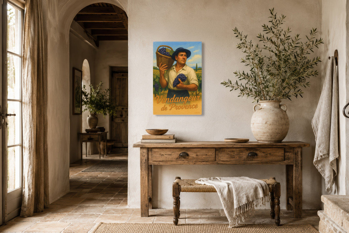 V01-12, Affiche vintage métiers anciens - Vendangeur de Provence