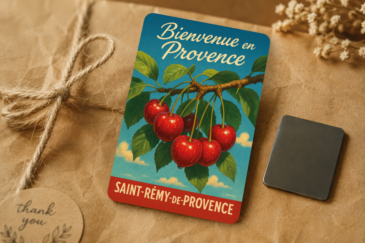 Mockup magnet 02 — Magnet Rouge éclat – Cerises de Provence au soleil
