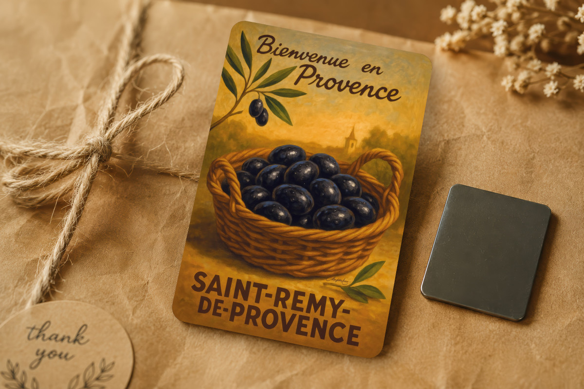 Mockup magnet 02 — Magnet L’or noir de Provence – Panier d’olives