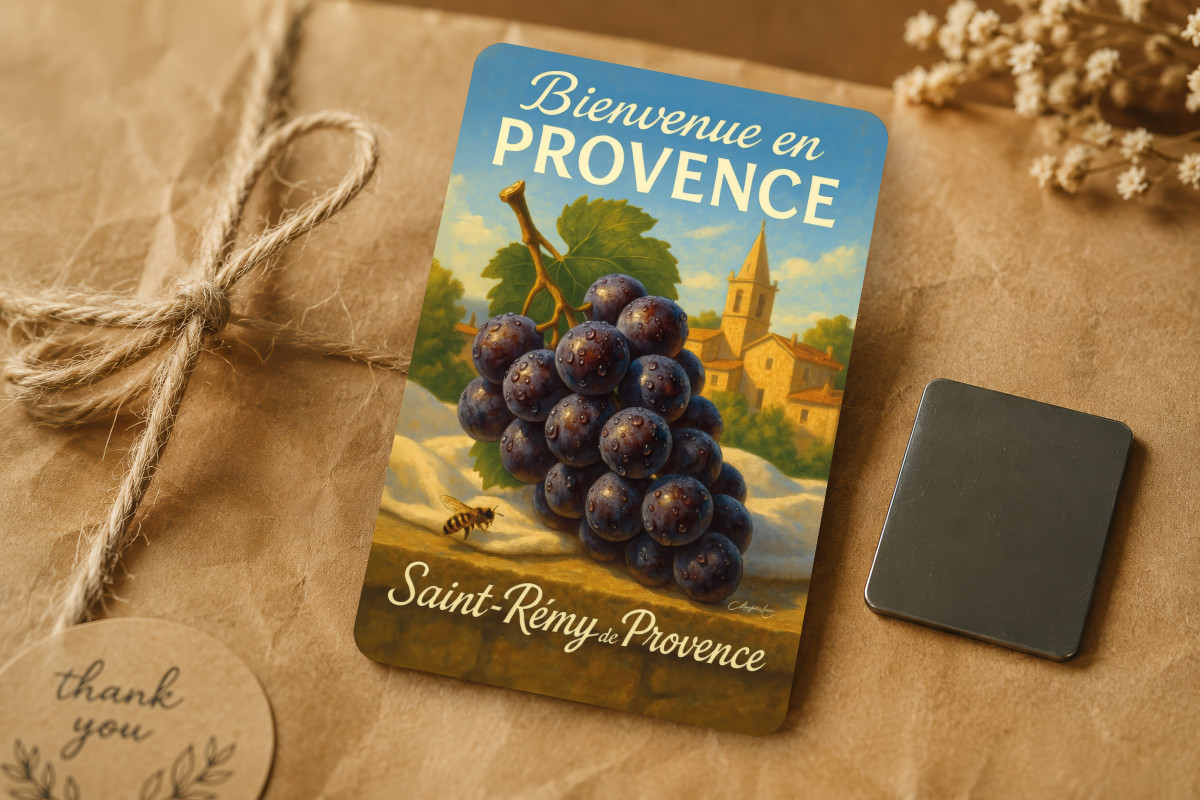 Mockup magnet 02 — Magnet À l’ombre des vignes – Raisin noir de Saint-Rémy