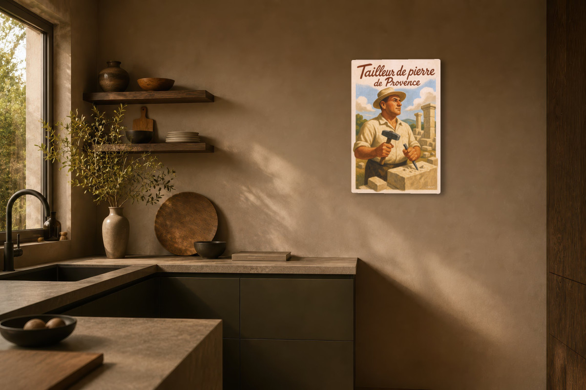 V03-07, Affiche vintage métiers anciens - Tailleur de pierre de Provence