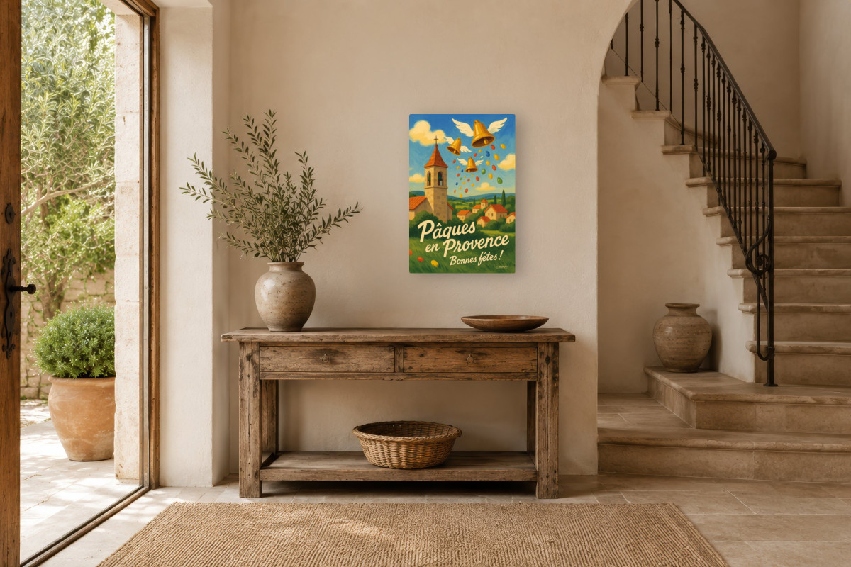 V01-22, Affiche vintage Pâques - Cloches de Pâques - Un printemps en Provence