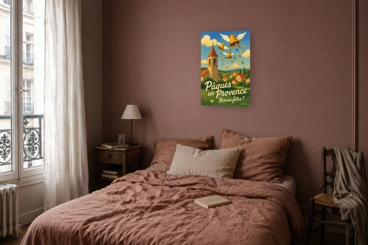 V04-07, Affiche vintage Pâques - Cloches de Pâques - Un printemps en Provence