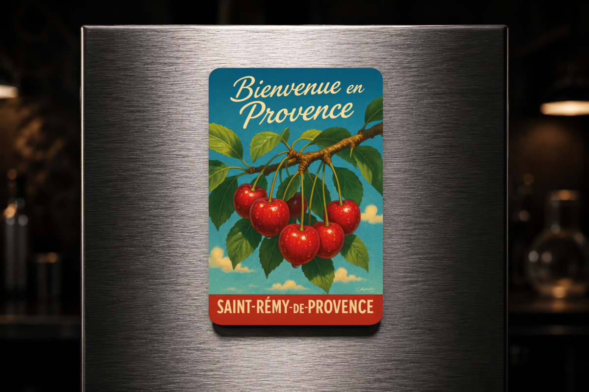 Mockup magnet 05 — Magnet Rouge éclat – Cerises de Provence au soleil