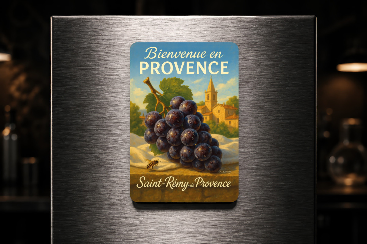 Mockup magnet 05 — Magnet À l’ombre des vignes – Raisin noir de Saint-Rémy