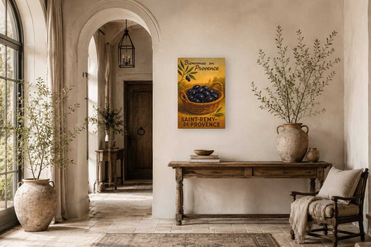 V01-15, Affiche vintage botanique - L’or noir de Provence - Panier d’olives