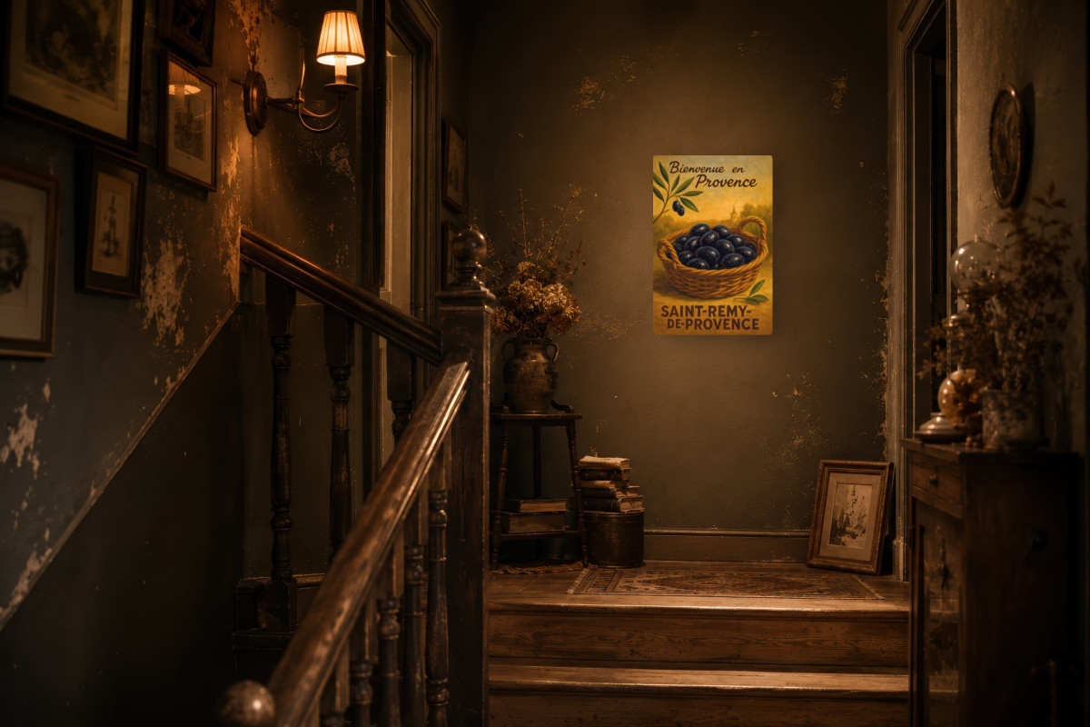 V02-13, Affiche vintage botanique - L’or noir de Provence - Panier d’olives