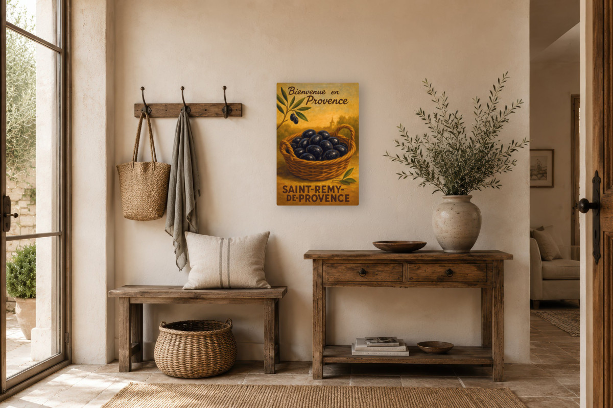 V01-21, Affiche vintage botanique - L’or noir de Provence - Panier d’olives