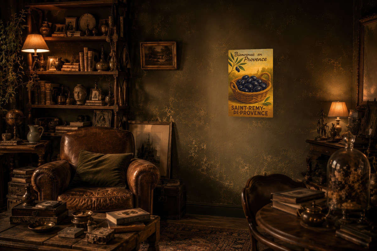 V02-09, Affiche vintage botanique - L’or noir de Provence - Panier d’olives