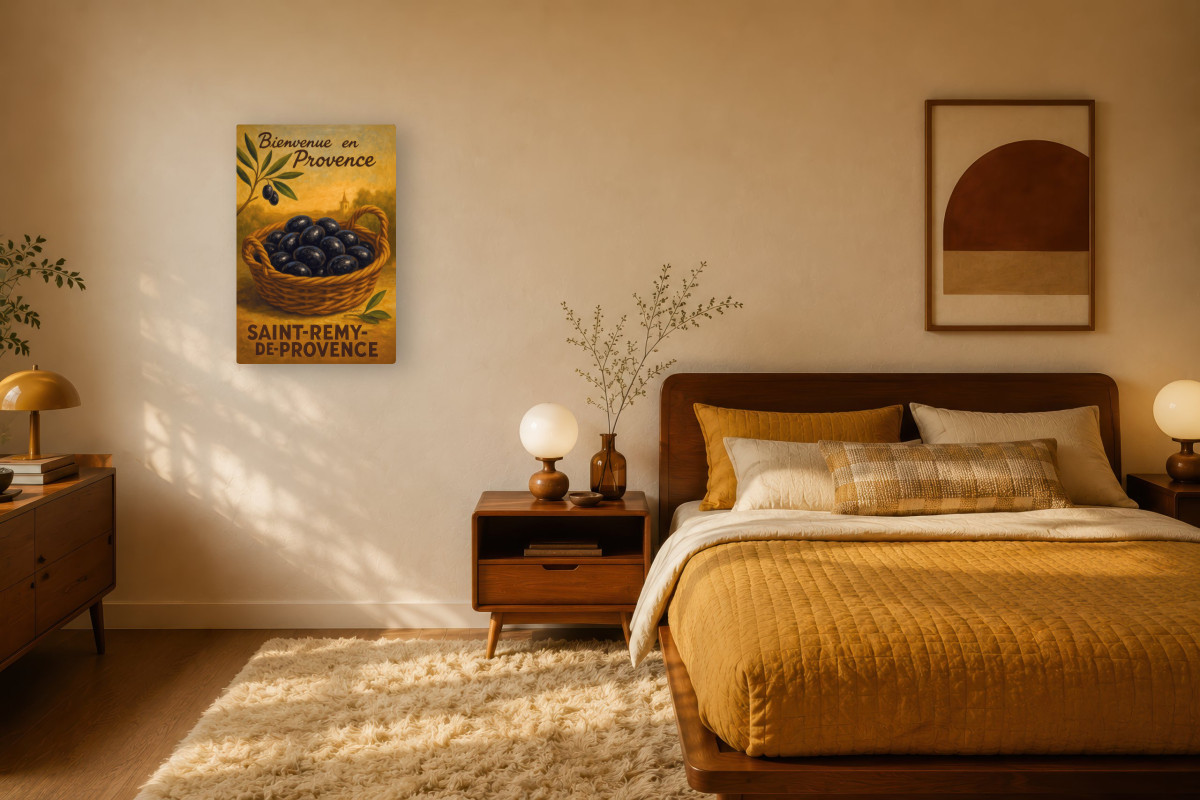 V03-15, Affiche vintage botanique - L’or noir de Provence - Panier d’olives