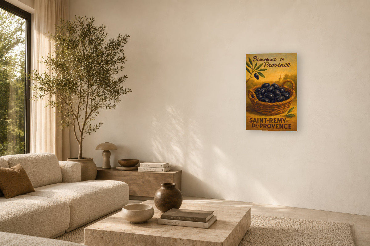 V03-02, Affiche vintage botanique - L’or noir de Provence - Panier d’olives