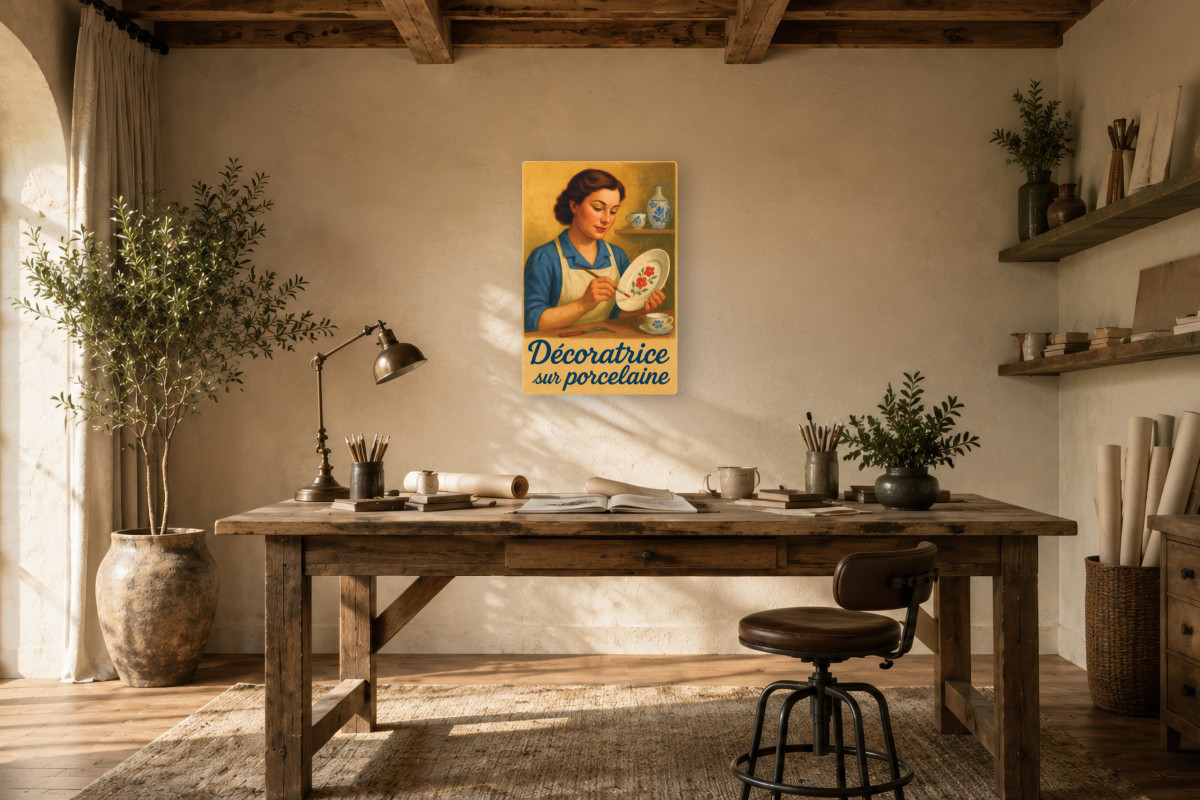 V01-10, Affiche vintage métiers anciens - Décoratrice sur porcelaine