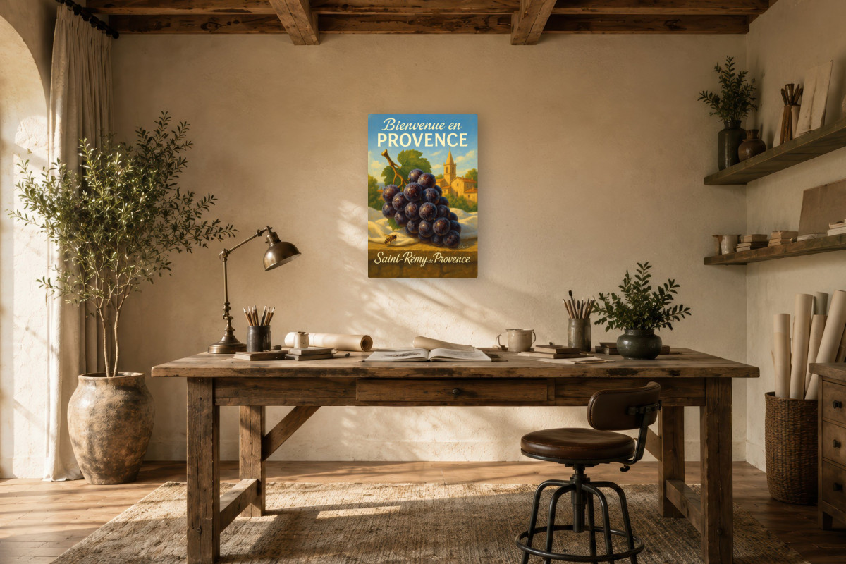 V01-10, Affiche vintage botanique - À l’ombre des vignes - Raisin noir de Saint-Rémy