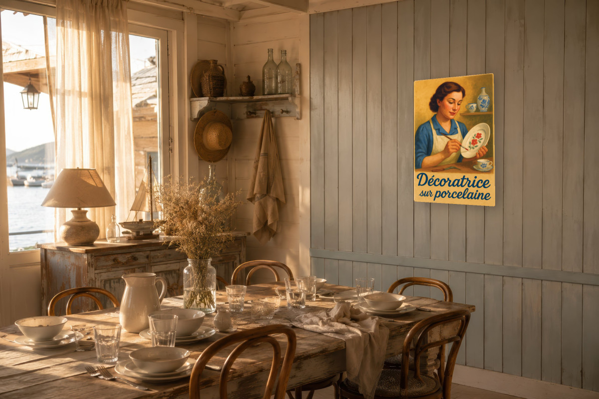 V02-06, Affiche vintage métiers anciens - Décoratrice sur porcelaine