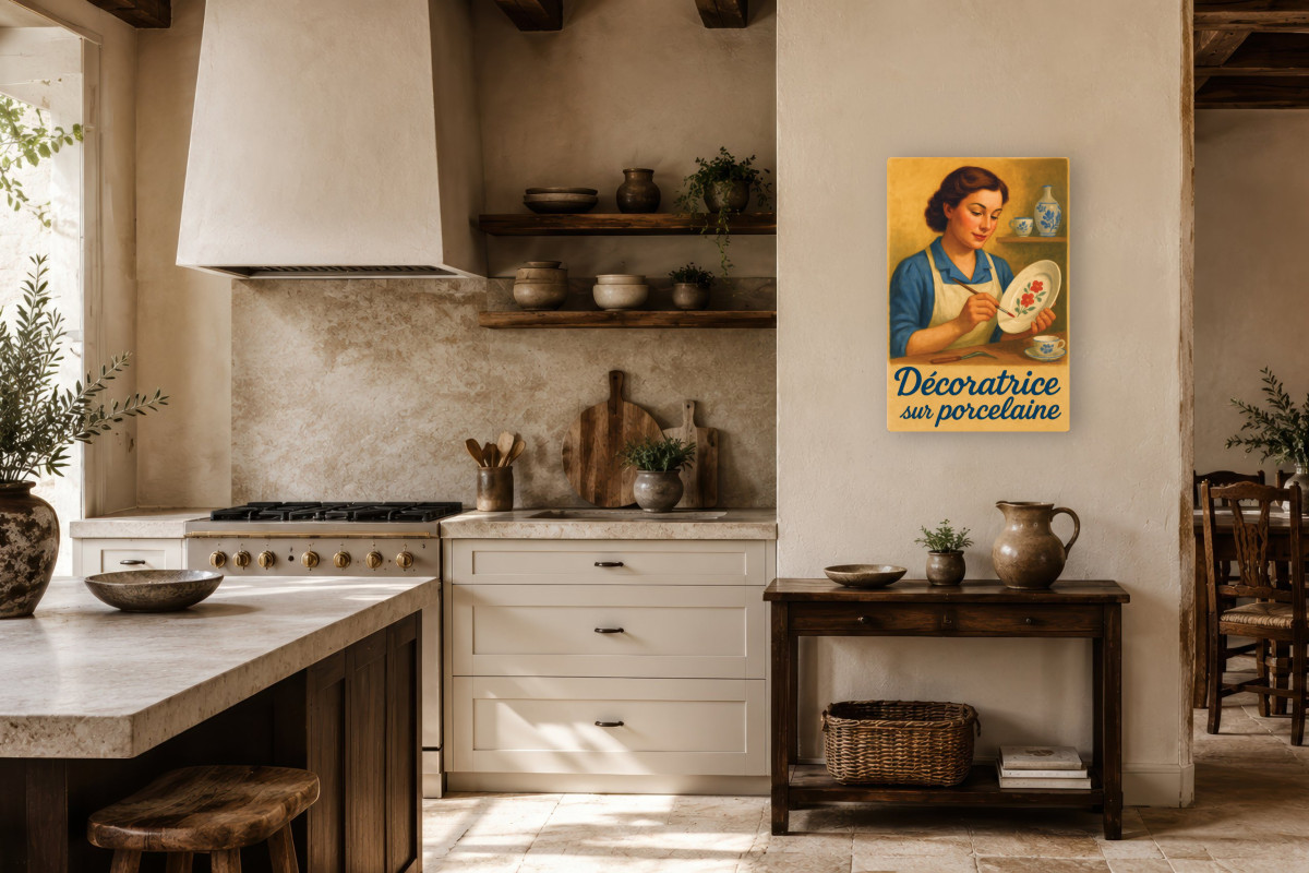 V01-02, Affiche vintage métiers anciens - Décoratrice sur porcelaine