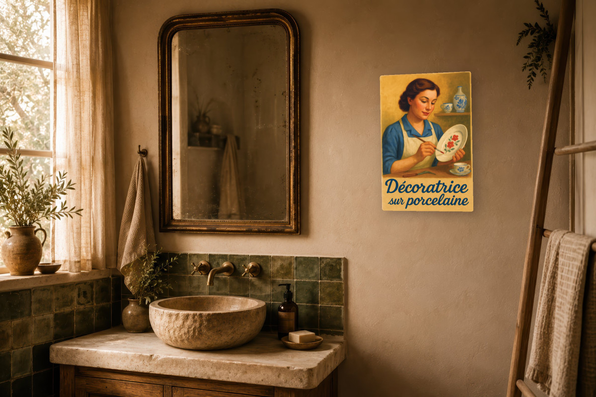 V02-18, Affiche vintage métiers anciens - Décoratrice sur porcelaine