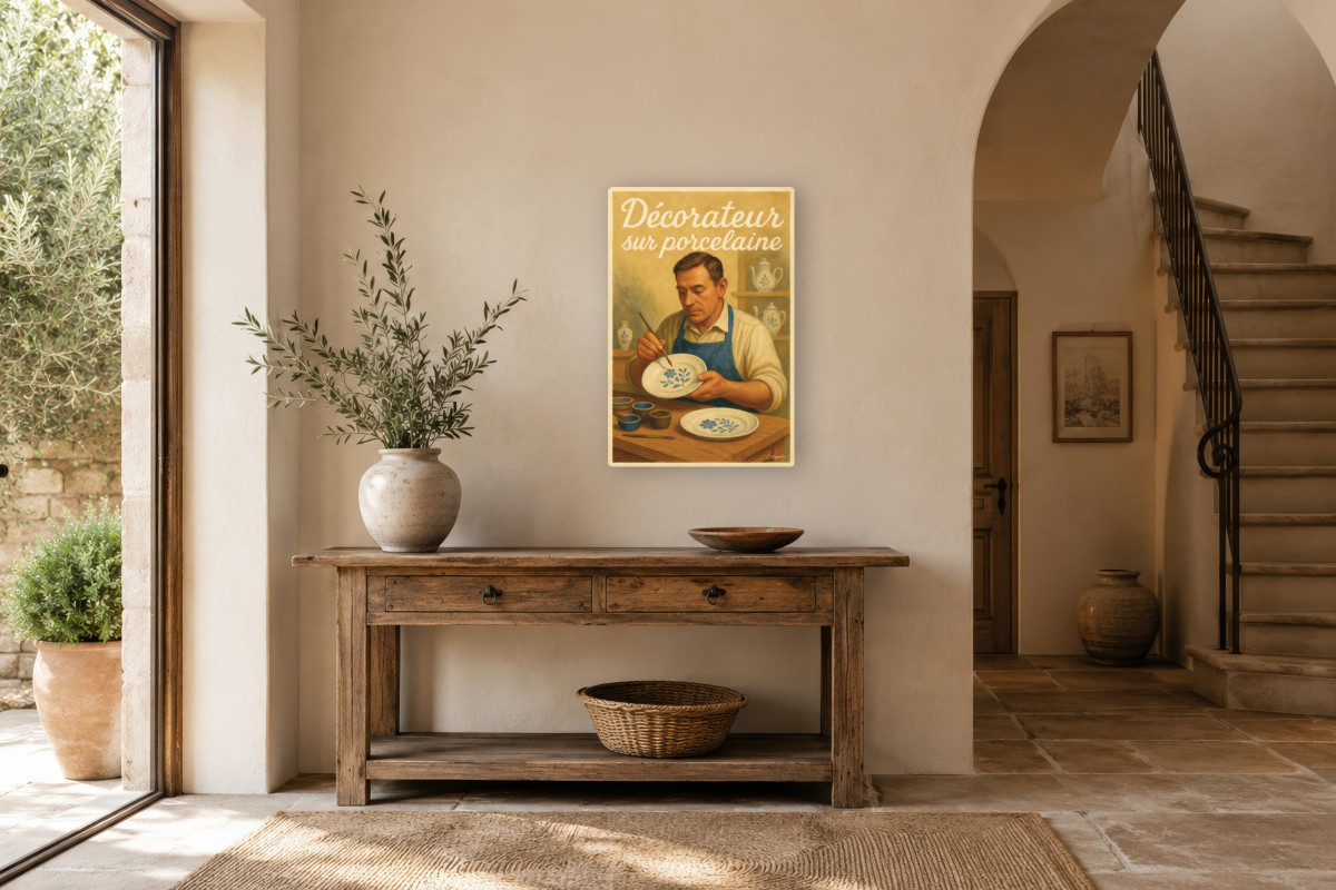 V01-20, Affiche vintage métiers anciens - Décorateur sur porcelaine