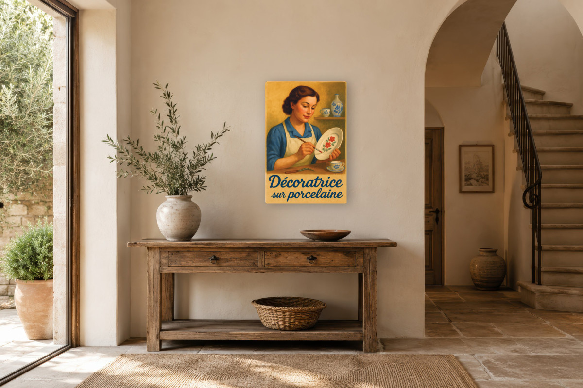 V01-20, Affiche vintage métiers anciens - Décoratrice sur porcelaine