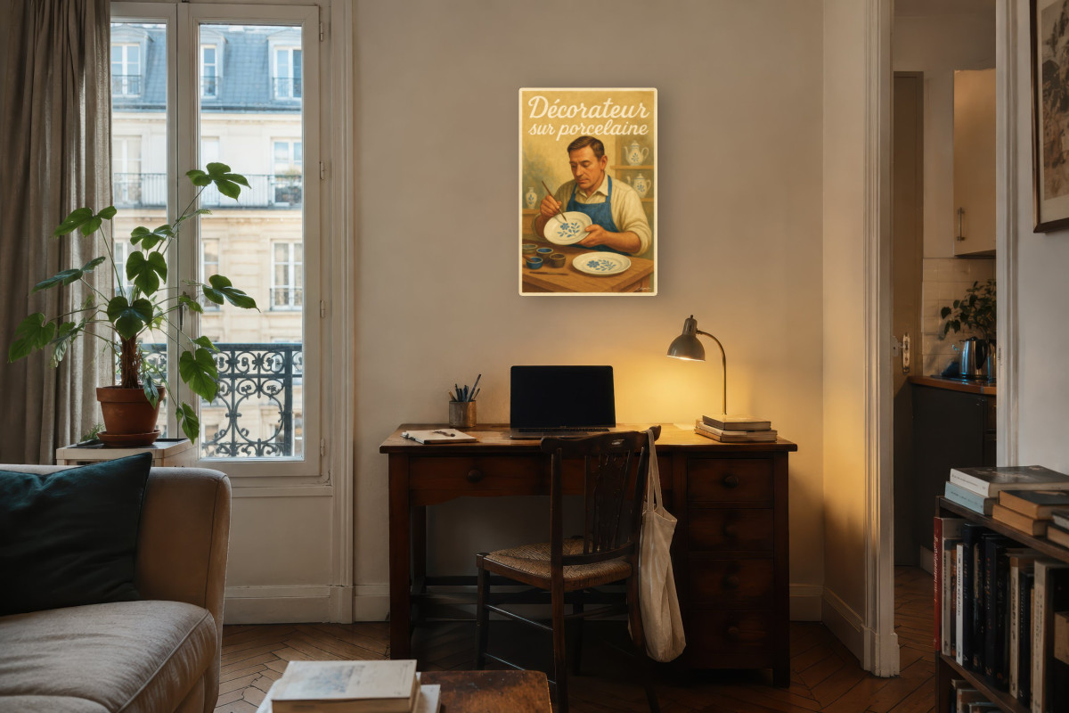 V04-11, Affiche vintage métiers anciens - Décorateur sur porcelaine