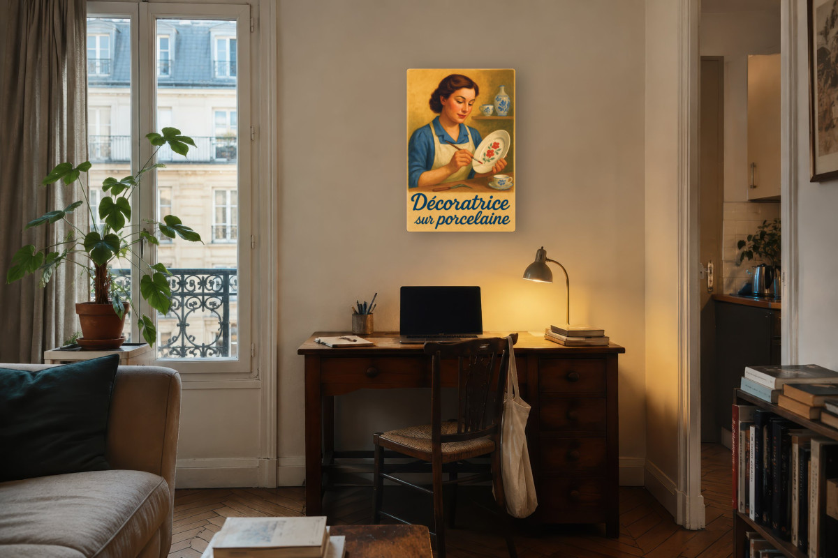 V04-11, Affiche vintage métiers anciens - Décoratrice sur porcelaine