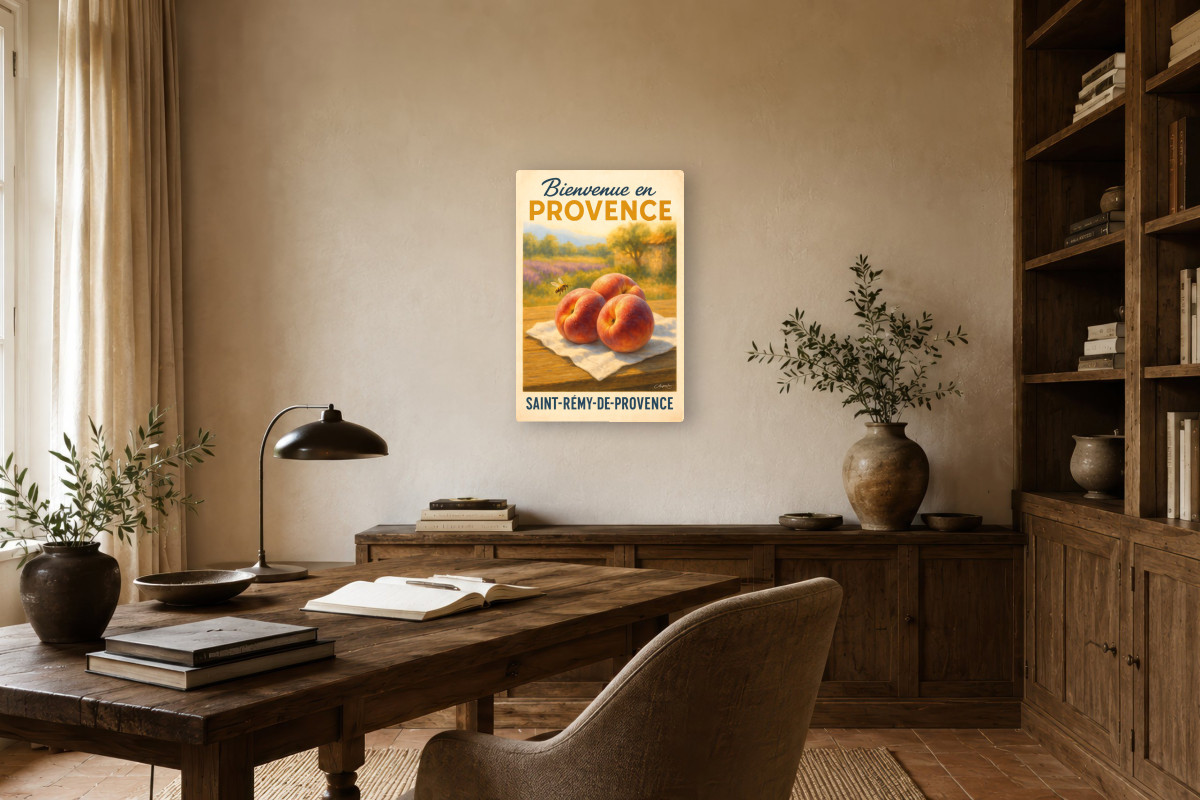 V01-04, Affiche vintage botanique - Pêches de Provence - Douceur d’Été