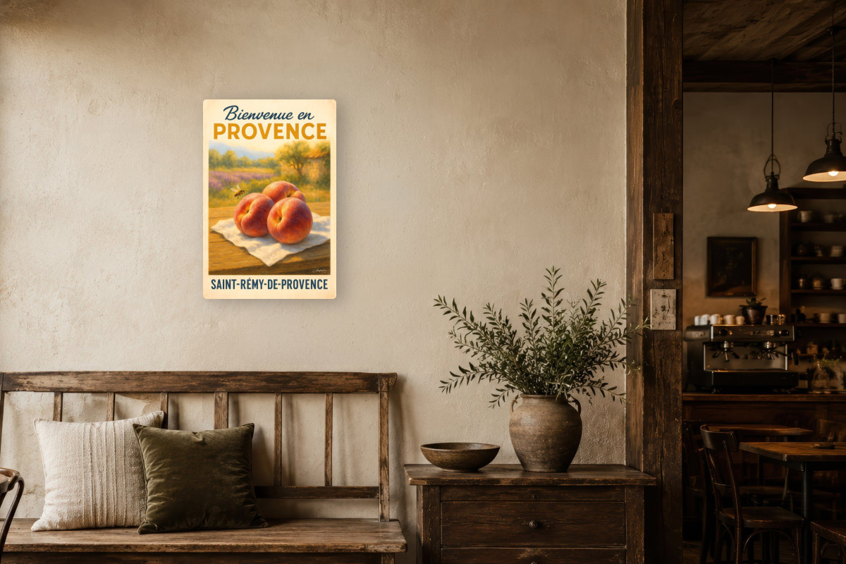V01-05, Affiche vintage botanique - Pêches de Provence - Douceur d’Été
