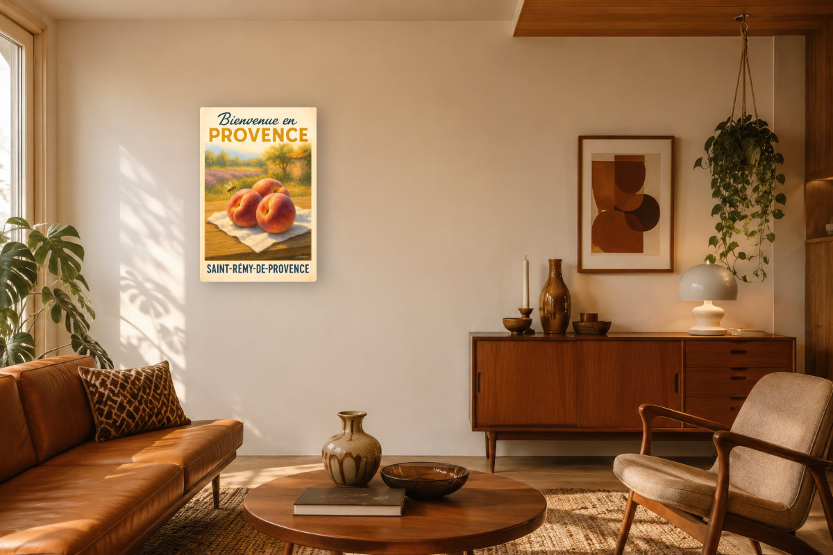V03-04, Affiche vintage botanique - Pêches de Provence - Douceur d’Été