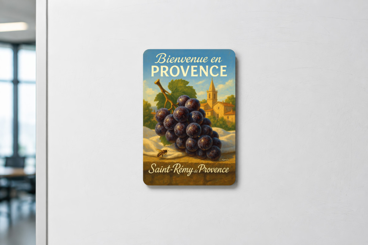 Mockup magnet 09 — Magnet À l’ombre des vignes – Raisin noir de Saint-Rémy