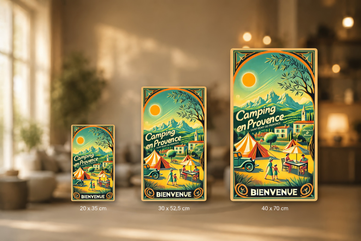 Plaques - décors mêlés #1, Affiche vintage Provence - Évasion en Provence : Le Camping au Pied des Alpilles