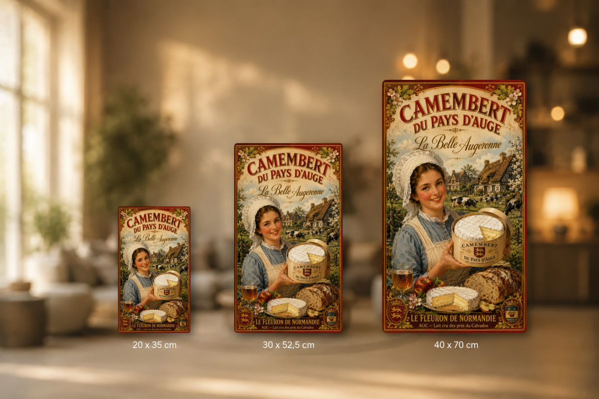 Plaques - décors mêlés #3, Affiche vintage fromage - Camembert du Pays d’Auge « La Belle Augeronne »