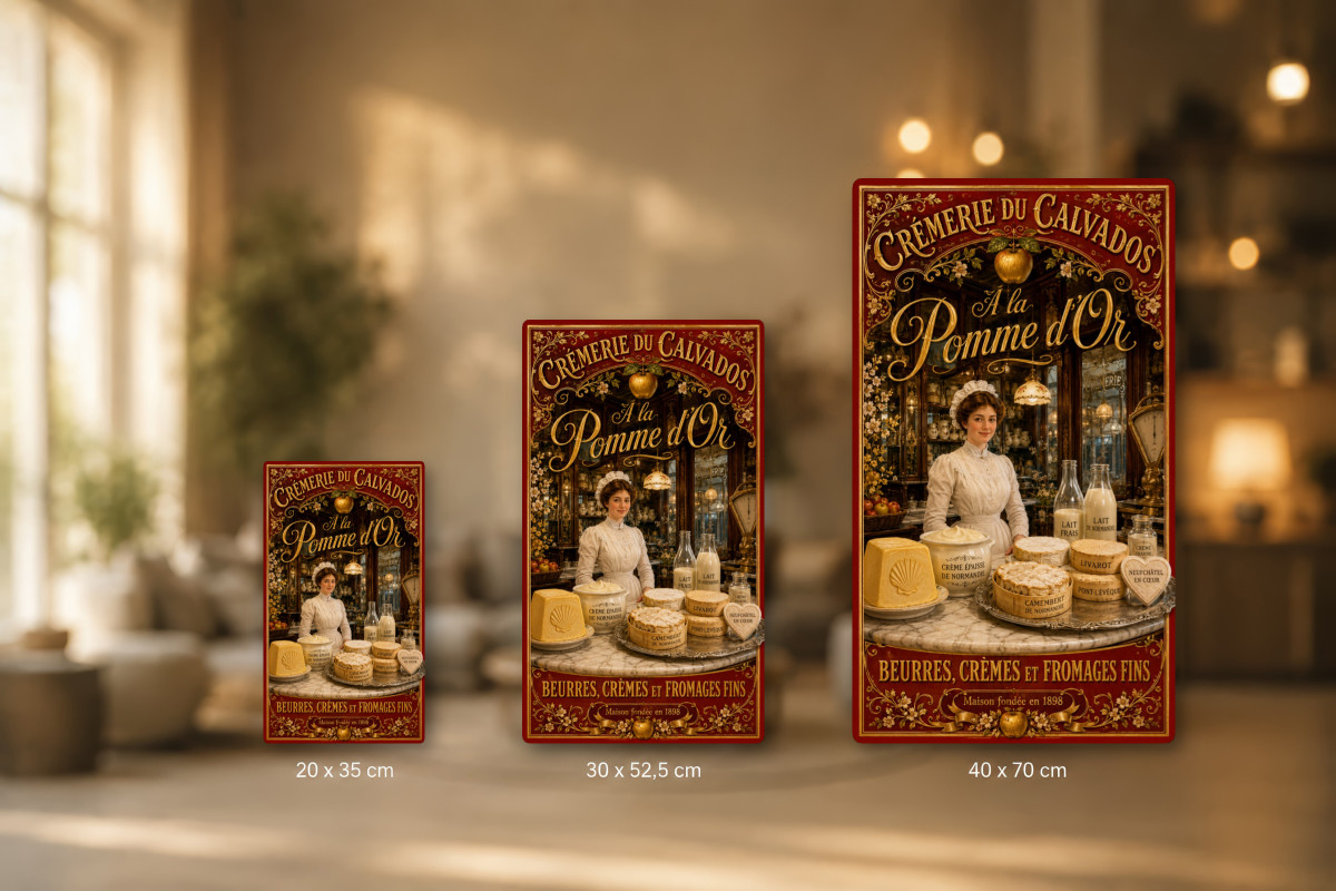 Plaques - décors mêlés #3, Affiche vintage fromage - Crémerie du Calvados « À la Pomme d’Or »