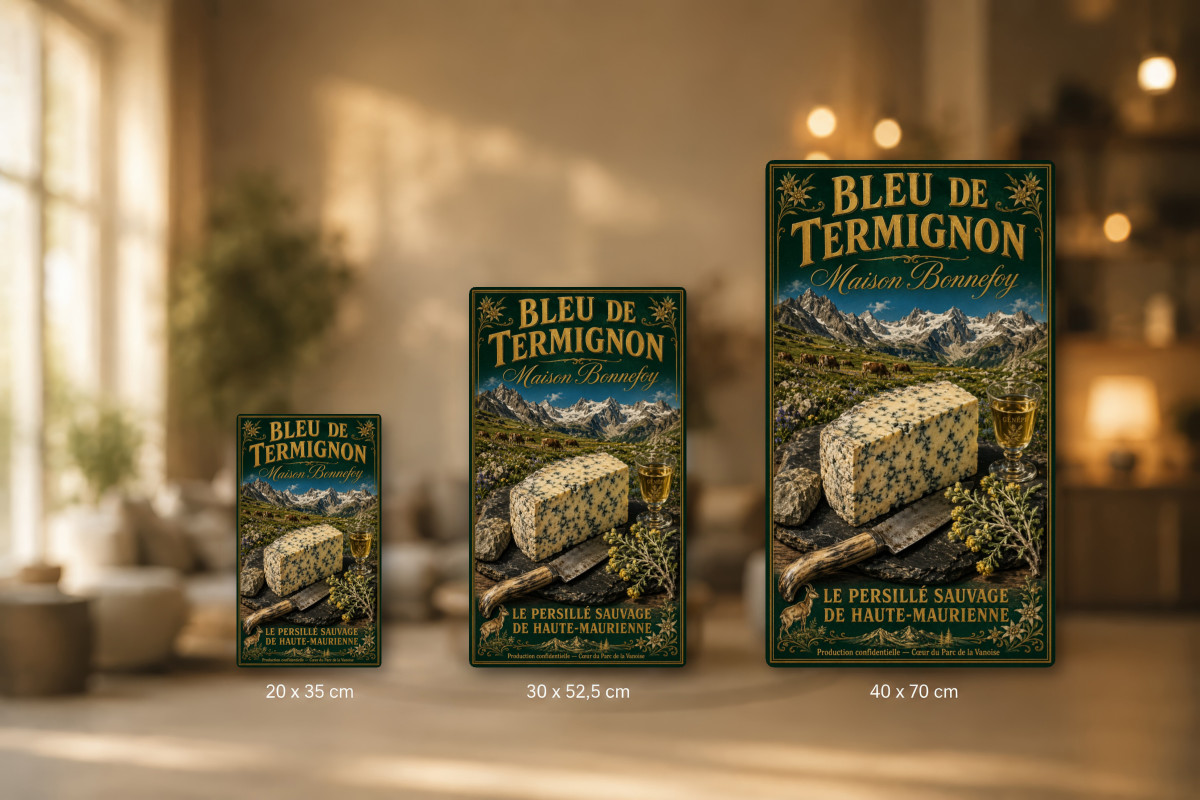 Plaques - décors mêlés #3, Affiche vintage fromage - Bleu de Termignon « Maison Bonnefoy »