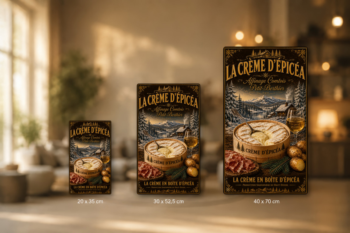 Plaques - décors mêlés #3, Affiche vintage fromage - La Crème d’Épicéa - Affinage Comtois Petit-Berthier