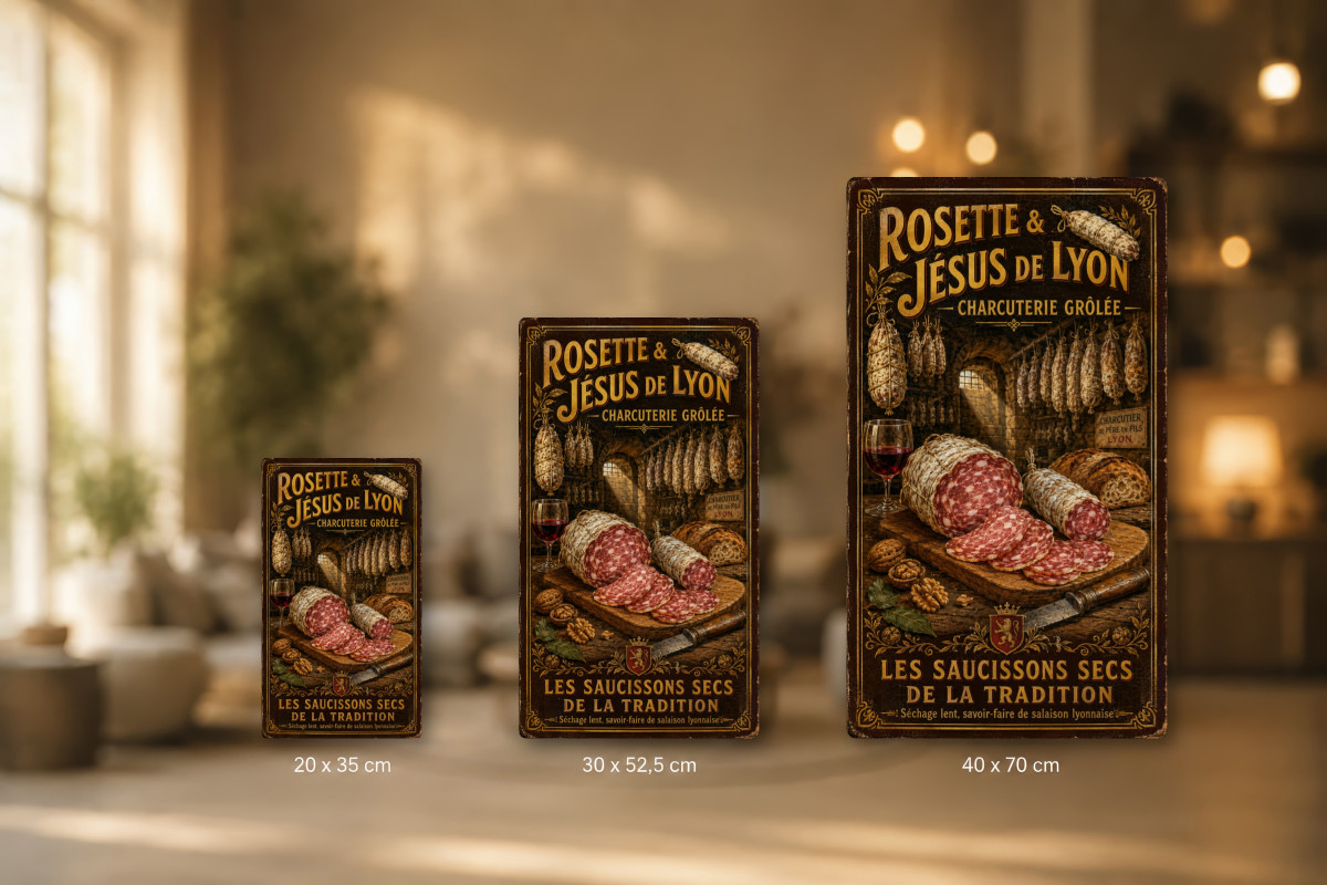 Plaques - décors mêlés #4, Affiche vintage Lyon - Rosette & Jésus de Lyon - Charcuterie Grôlée