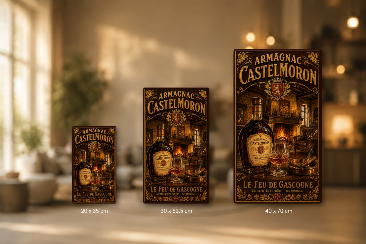 Plaques - décors mêlés #6, Affiche vintage apéritif - Armagnac Castelmoron - Le Feu de Gascogne