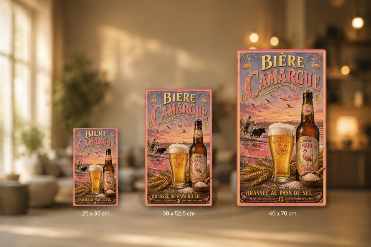 Plaques - décors mêlés #6, Affiche vintage apéritif - Bière Camargue - Brassée au Pays du Sel