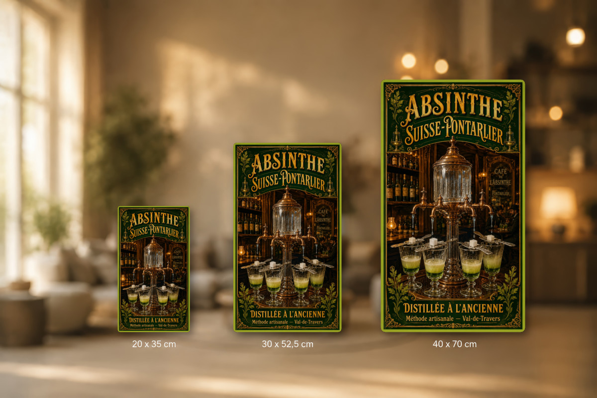 Plaques - décors mêlés #6, Affiche vintage apéritif - Absinthe Suisse-Pontarlier - Distillée à l’Ancienne